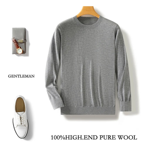 100% Pure Merino Wool Sweater Men's Round Collar Pullover Spring Autumn New Business Knitted Tops Casual Large Size Men's Shirt