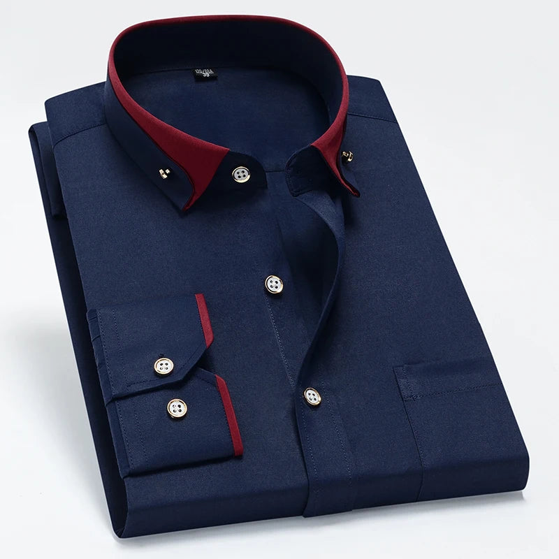 New Men's Business Shirt Long Sleeve Spring Autumn Contrast Collar Paired With Diamond Anti Wrinkle Buttoned Pink For Wedding