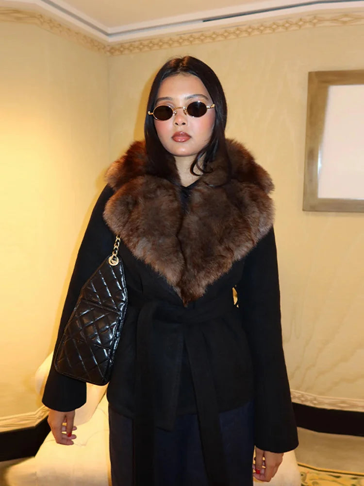 2026 Spring Autumn Faux Fur Collar Lace Up Jacket For Women Casual High Street Long Sleeve Belt Coats Lady Chic Street Outerwear
