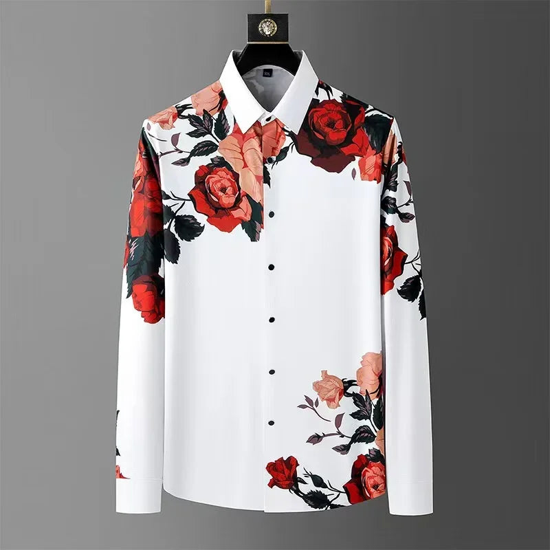 12 Colors Men's Vintage Floral Print Long Sleeve Shirt Spring Daily Going Out Clothing High Quality Luxury Print Lapel Shirt 6XL