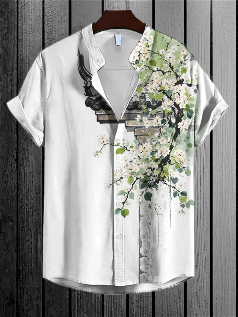 New Men's Linen 3D Fish Print Short Sleeved Shirt Popular Retro Casual Short Sleeved Shirt Clothing Top Shirt