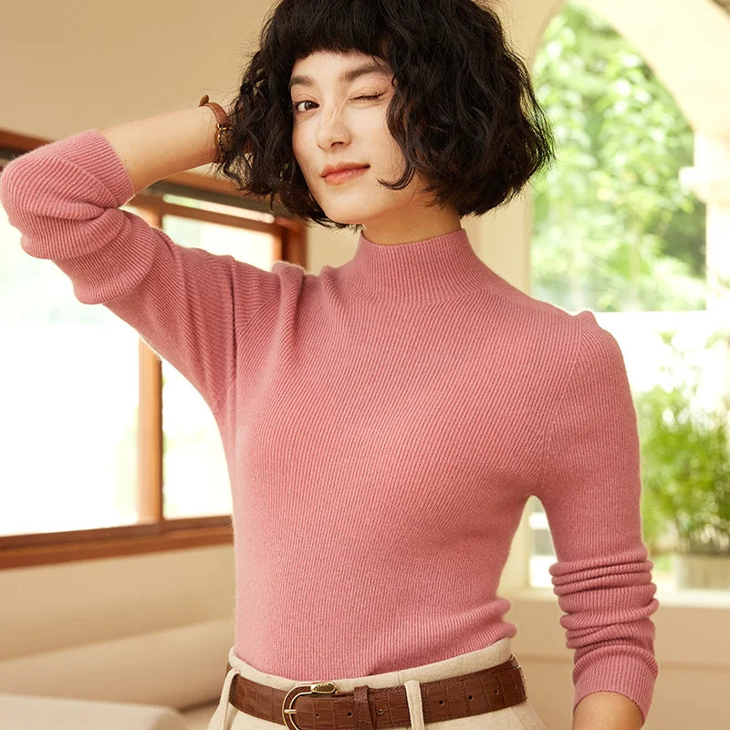 Autumn and Winter New Women's 100% Pure Cashmere Semi High Neck Pullover Sweater Knitted Slim Fit Hot Selling Women's Top