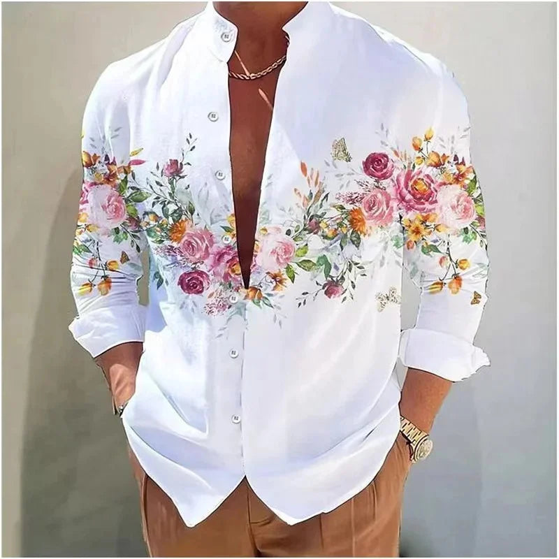 Men's long sleeve shirt High quality 3D printed shirt, floral pattern, spring and autumn, casual and stylish, comfortable fabric