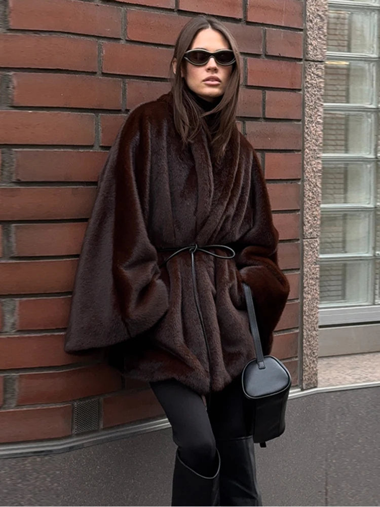 Vintage Faux Fur Thicken Coats Women Chic Full Sleeve V-neck Lace Up Open Stitch Female Outwear 2026 Spring Autumn Lady Outwear
