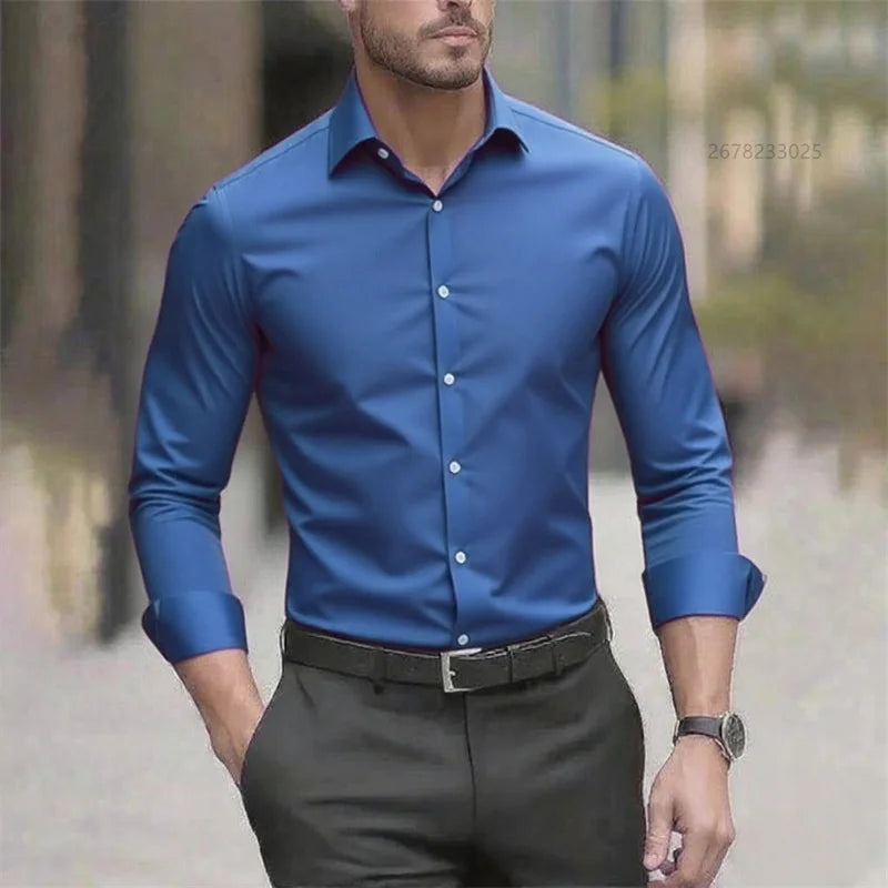 Solid Color Men's Shirt Casual White Shirt, High Quality Solid Color Long Sleeve Stretch Fabric, Business Formal Shirt, XS-6XL