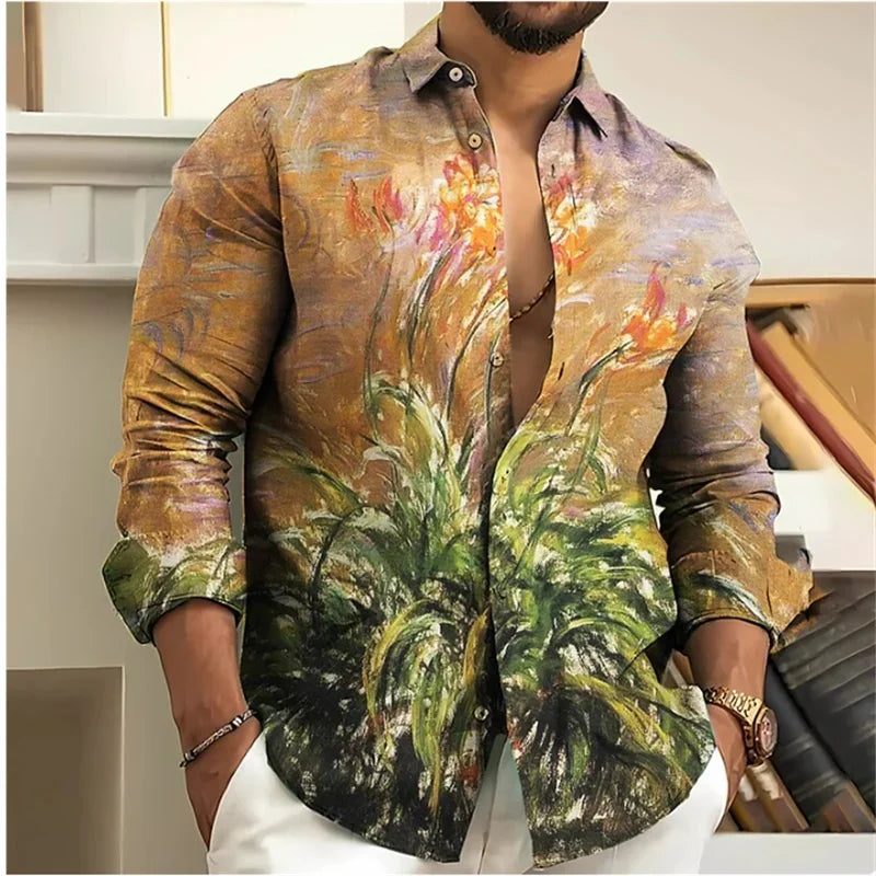 Men's Shirt 3D Floral Print Lapel Long Sleeve Men's Tops Vintage 2025 Street Trend Outdoor Fashion Dress Designer XS-6XL
