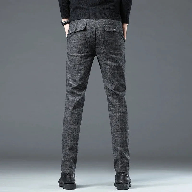 Business Men Pants Spring Autumn Korea Cotton Comfortable Elastic Plaid Casual Fashion Trousers Male Clothing Suit Pant