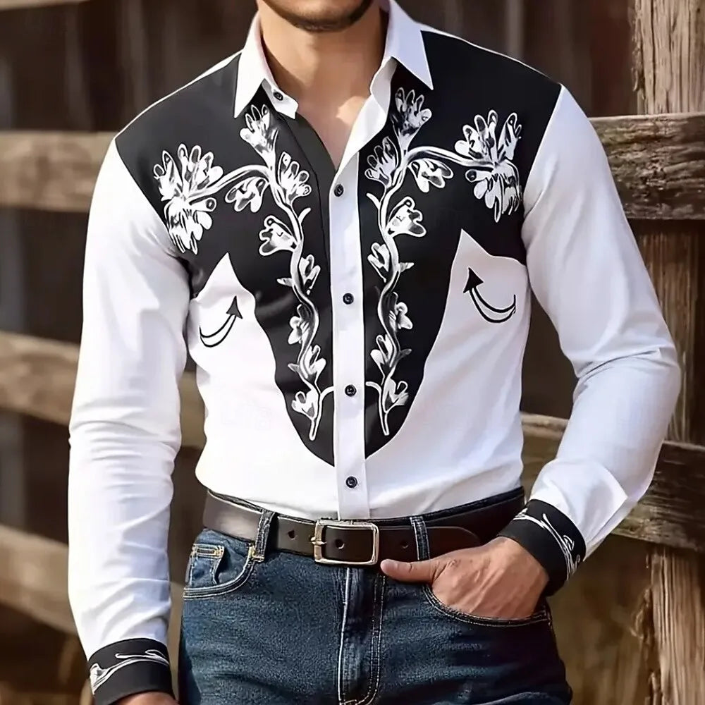 New classic vintage men's shirt four seasons must-have casual flip-over button ethnic style printing new series