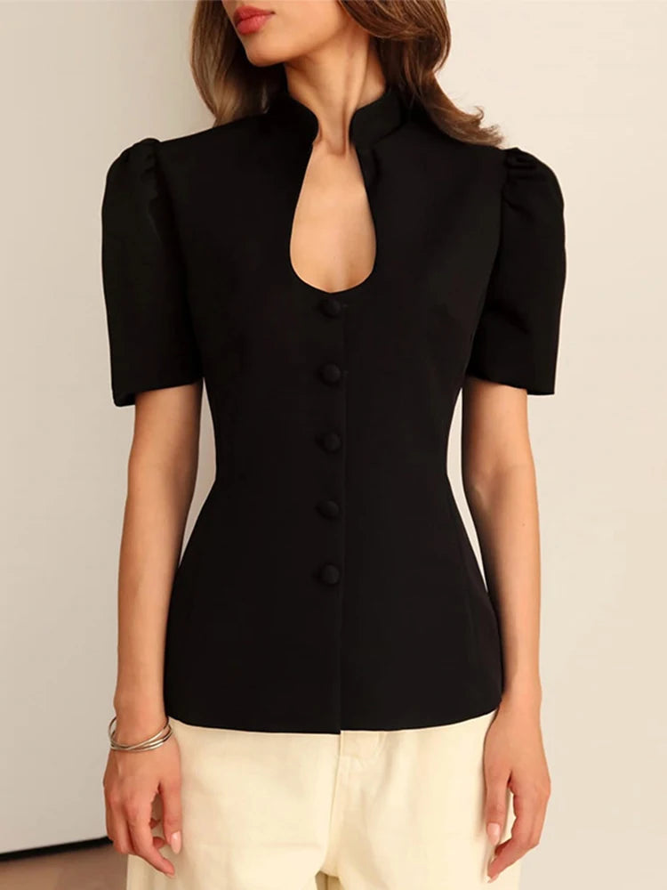 Short Sleeve Elegant Suits Coat Women Single Breasted V-neck Commute 2025 Autumn Female Blazer Street Solid Slim Lady Tops