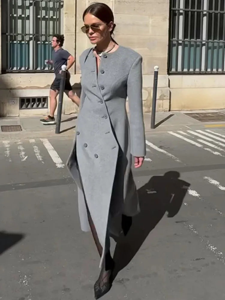 Chic Oblique Buckle Women's Coat O-Neck Side Split Full Sleeve Long Coats Lady 2026 Spring Elegant Female Street Outerwear