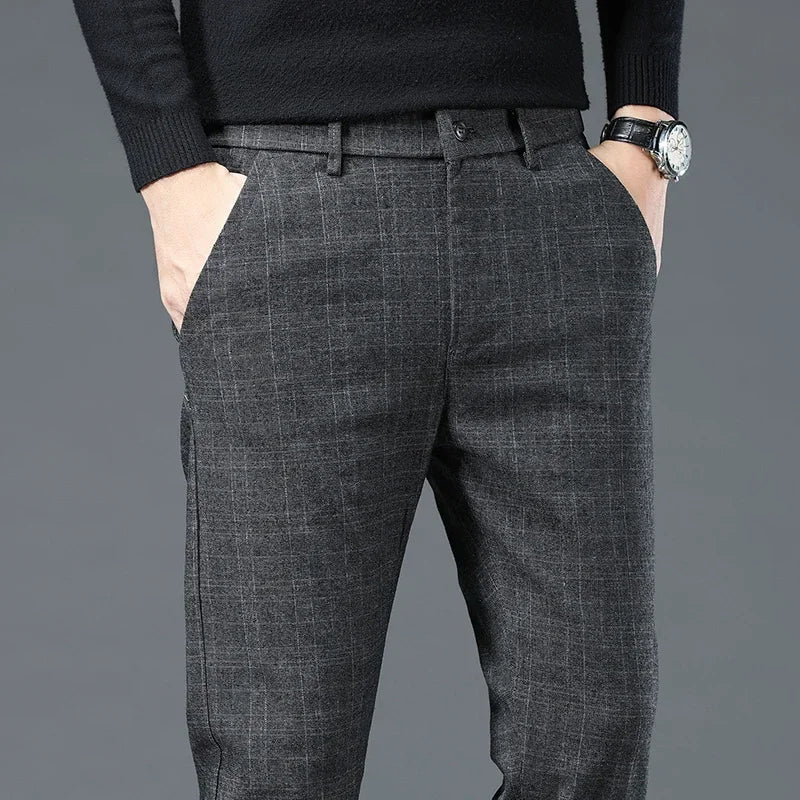 Business Men Pants Spring Autumn Korea Cotton Comfortable Elastic Plaid Casual Fashion Trousers Male Clothing Suit Pant