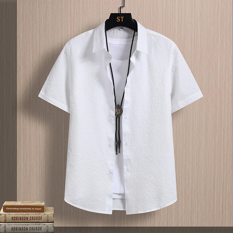 Men's Shirts Seersucker Short Sleeve Male Shirts Summer Casual Business Textured Solid Button Up Office Top