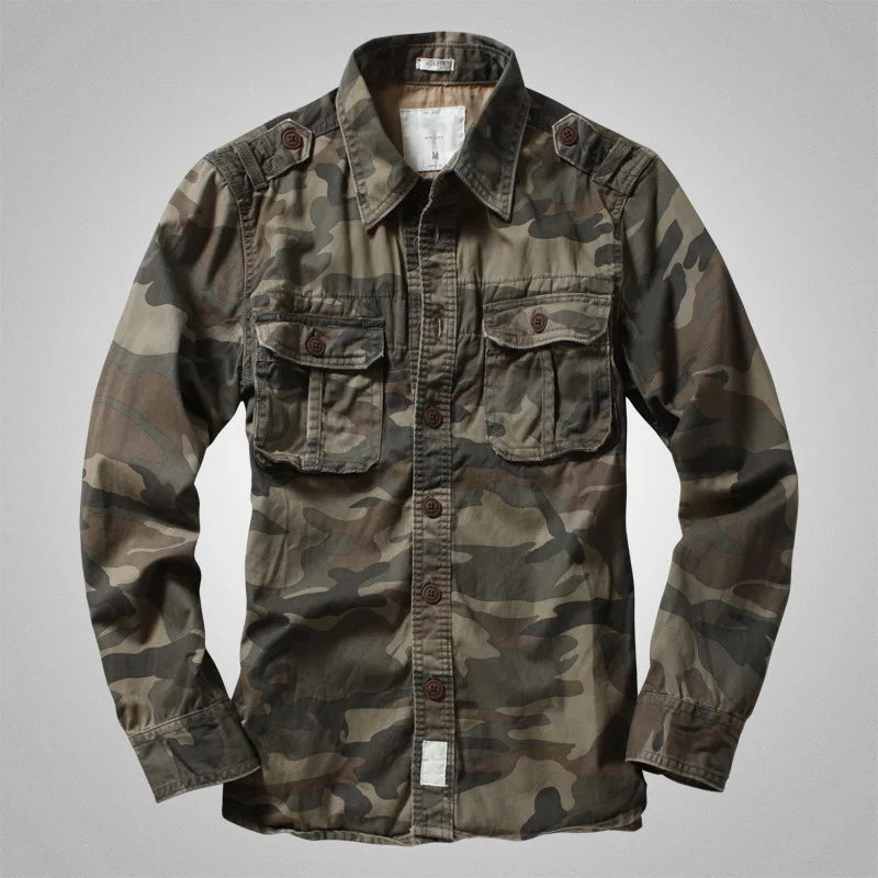 American Heavy Retro Men's Long Sleeved Camouflage Shirt Outdoor Cargo Casual Multi Pocket Work Shirt Coat for Male