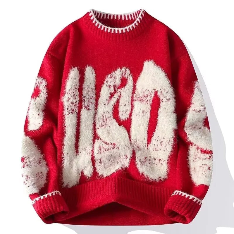 2025 New Letter Jacquard O-Neck Knitwear Men's American Fashion Retro Knitted Sweater Autumn Hip Hop Long Sleeve Y2K Pullovers