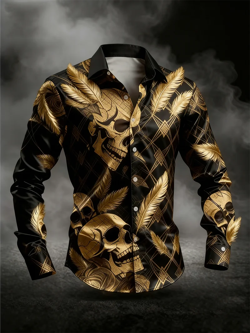 New Men's Long Sleeved Shirt 3D Skull Print Rose Series Gold Black Skull Men's Top Soft Long Sleeved Shirt