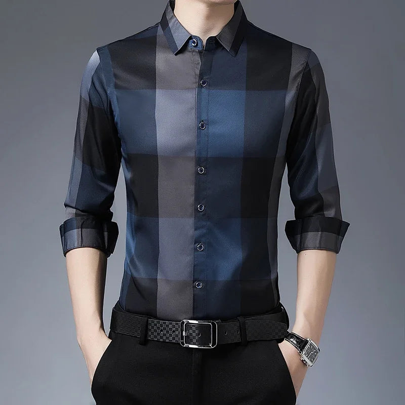 New Men's Casual Printed Long Sleeved Lapel Shirt for Spring and Autumn Fashion Comfortable Wrinkle Free Top Without Ironing