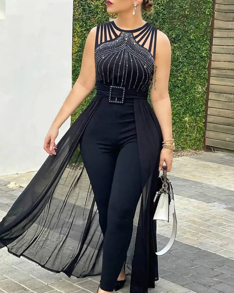 2025 Fashionable and elegant Women's Sexy Round Neck Rhinestone Sheer Mesh Sleeveless Jumpsuit With Belt Party Club Jumpsuit