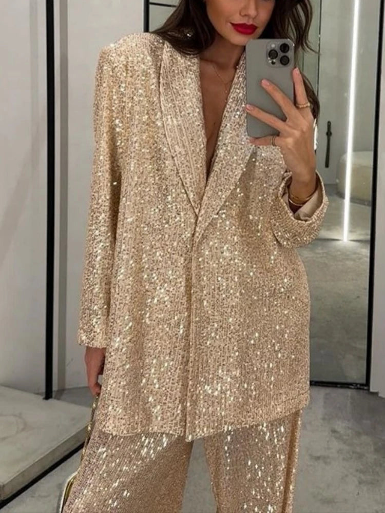 Casual Sequin Jackets Pants Set Women Golden Long Sleeve Lapel Button Wide Leg Pant Autumn Lady Suit Urban Street Loose Sets