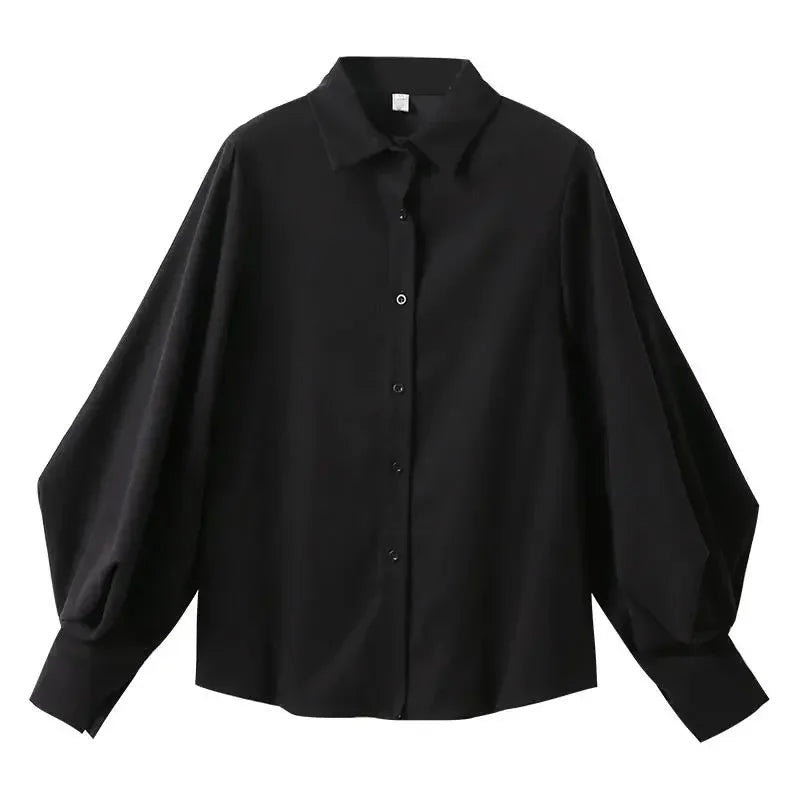 Women Blouse Black Autumn Loose Long Sleeve Top OL Casual Polo Collar Shirt Blusas Ropa De Mujer