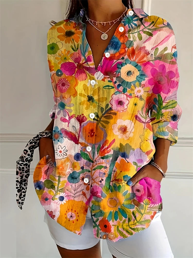 New Summer Fashion Women's Lapel Shirt Big Size Button Long Sleeve Daily Weekend V Neck Tops Floral Printed Loose Casual Shirt