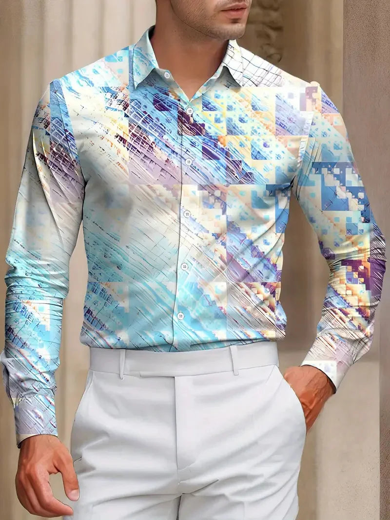 New Men's Western Print Long Sleeve Lapel Shirt Casual Social Men's Long Sleeve 3D Printed Clothing