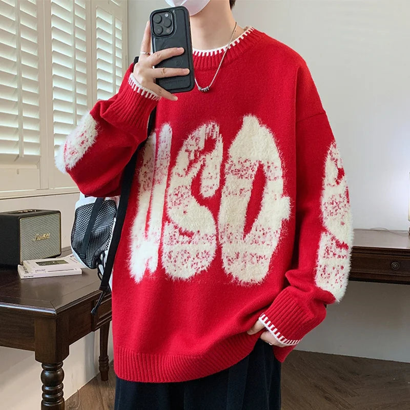 2025 New Letter Jacquard O-Neck Knitwear Men's American Fashion Retro Knitted Sweater Autumn Hip Hop Long Sleeve Y2K Pullovers