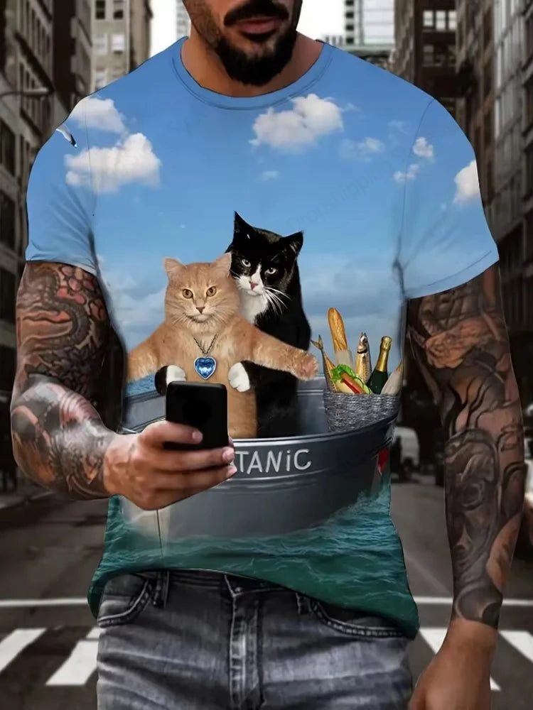 Cute Fat Cat Men's T Shirt Animal 3D Print Casual Short Sleeve Funny T Shirts Fashion Streetwear Round Neck Oversized Clothing