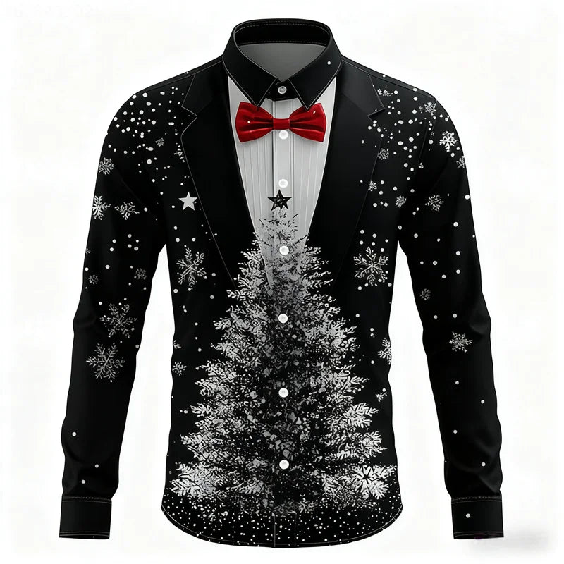Men's Christmas shirt, casual fashion design, holiday party men's top, long sleeve lapel men's high-end clothing XS-6XL size