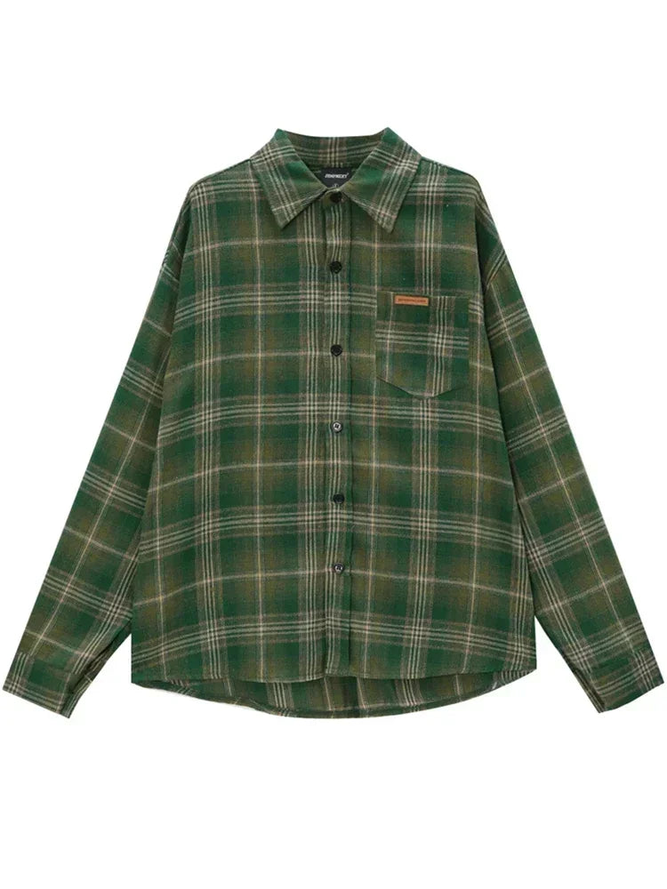 Spring Long Sleeve Plaid Shirt For Men 2025 New Y2K Vintage Streetwear Baggy Lapel Pocket Tee Shirts Korean Fashion Blouse