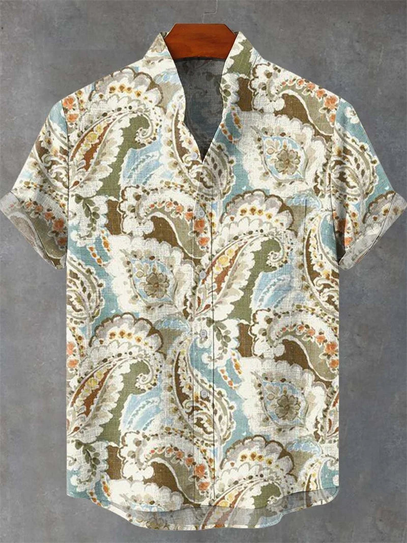 2025 vintage printed shirt men's casual lapel single breasted shirt 3D printed short sleeved shirt