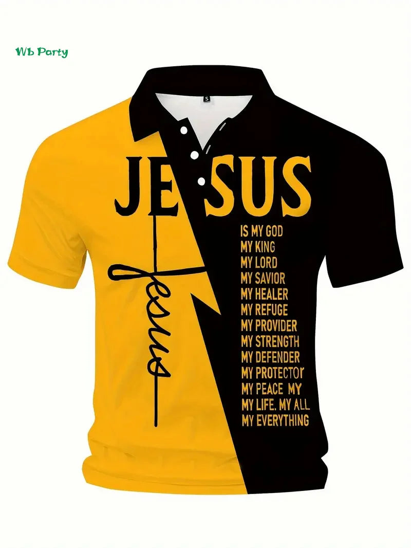 Men's Short Sleeve Lapel Polo Christian Text Printed Colorblocked Shirt Easter Clothing Summer Outdoor Casual Button down Tops