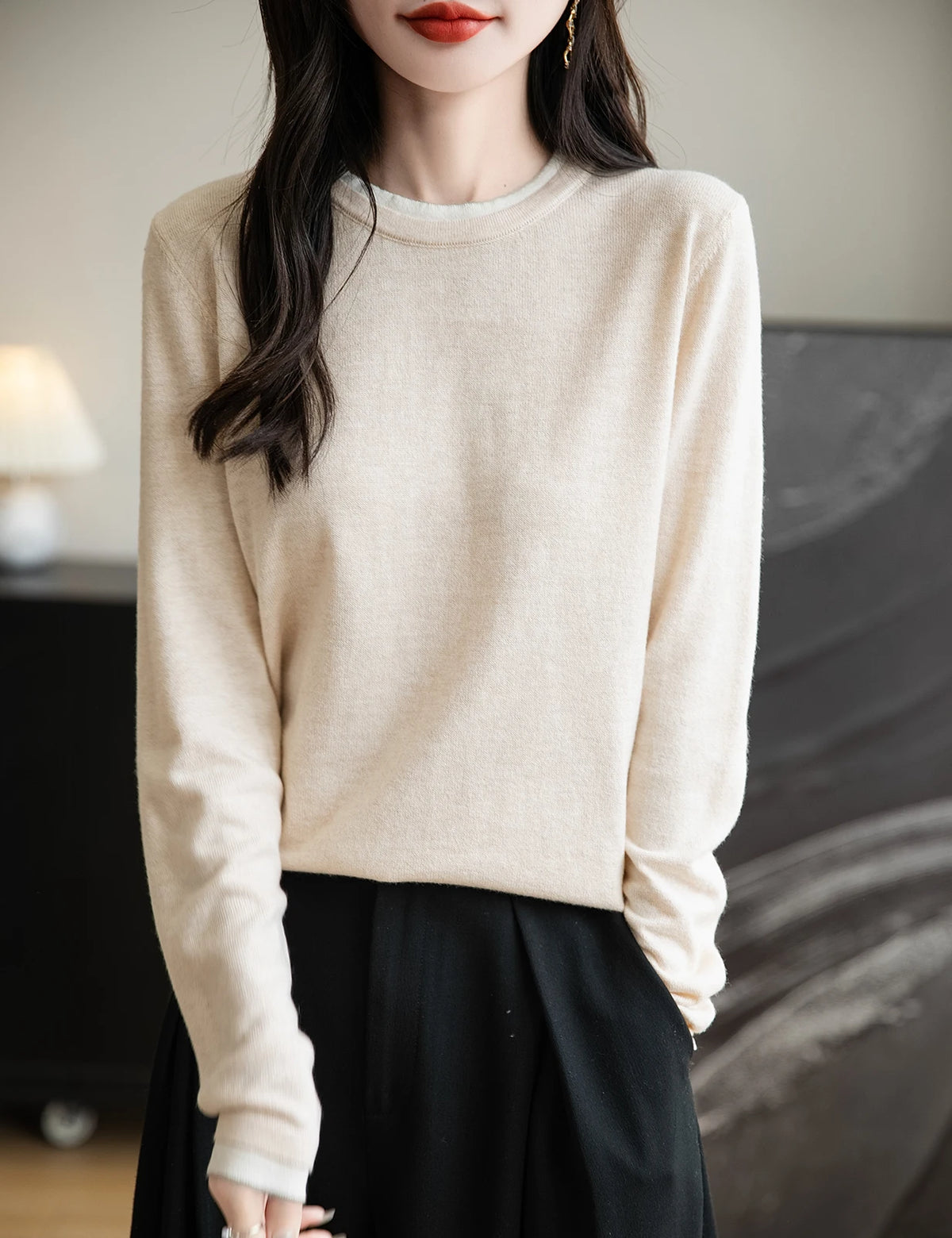 Top Women O Neck Thin T-Shirt Knit New Pullover Summer Spring Fashion Basic Long Sleeve Wool Fake Two Pieces Soft Woman Clothing