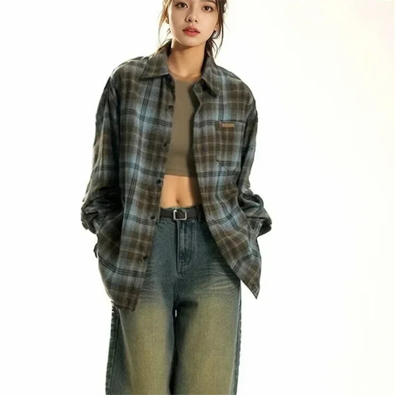 Spring Long Sleeve Plaid Shirt For Men 2025 New Y2K Vintage Streetwear Baggy Lapel Pocket Tee Shirts Korean Fashion Blouse