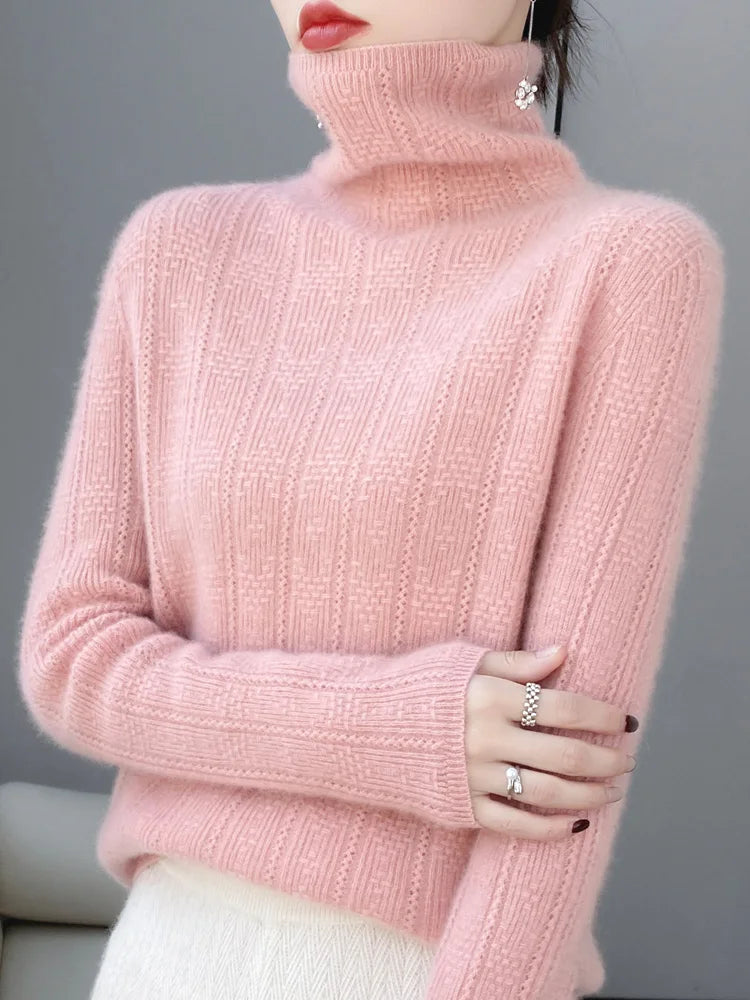 100% Wool Cashmere Sweater Women Turtleneck Long Sleeve Tops Knitted Pullovers Autumn Winter Casual Loose Clothing Warm Jumper