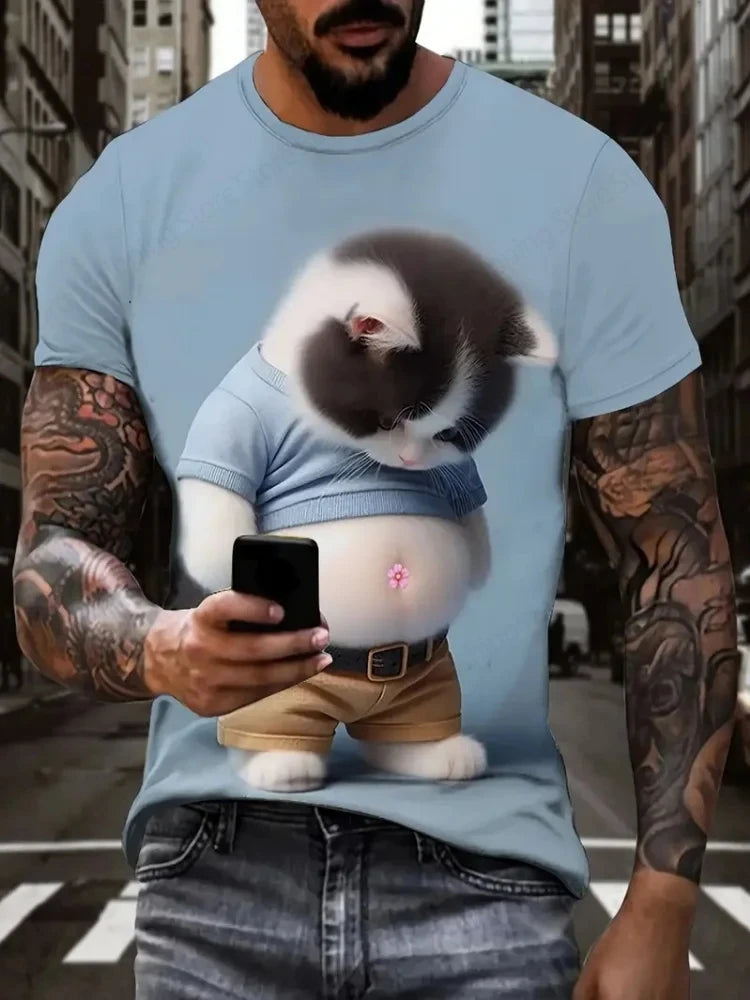 Cute Fat Cat Men's T Shirt Animal 3D Print Casual Short Sleeve Funny T Shirts Fashion Streetwear Round Neck Oversized Clothing