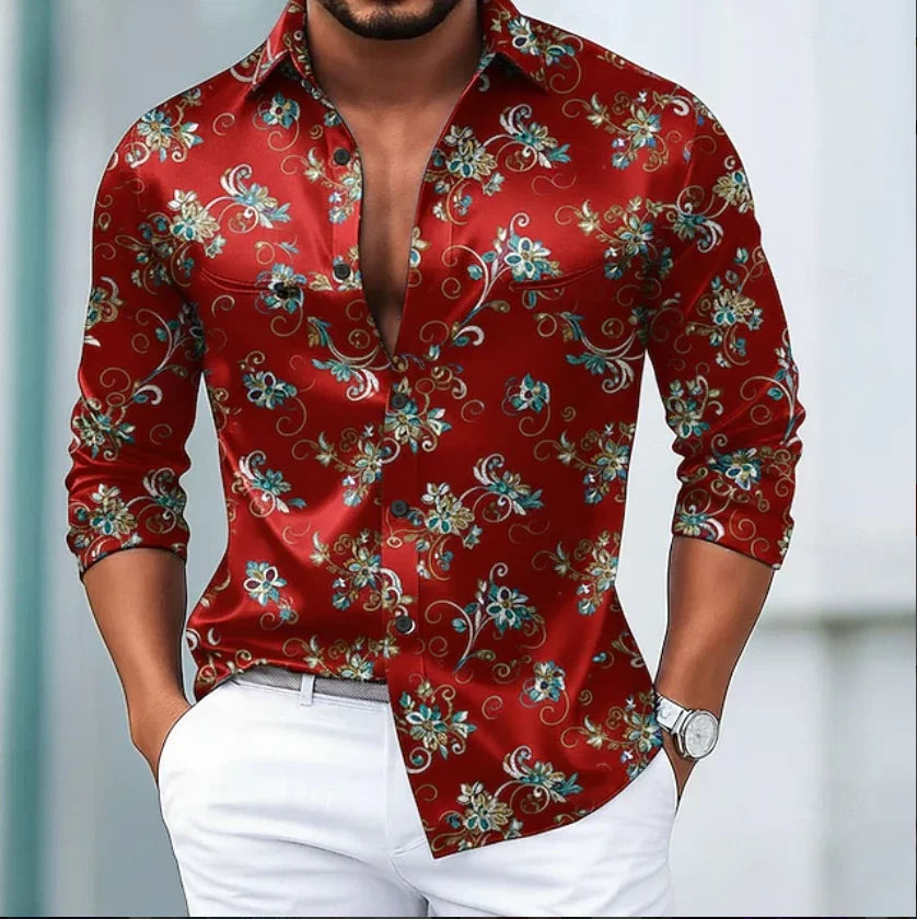 3D floral print men's long sleeved shirt, comfortable lapel top, Hawaiian long sleeved shirt, new top clothing