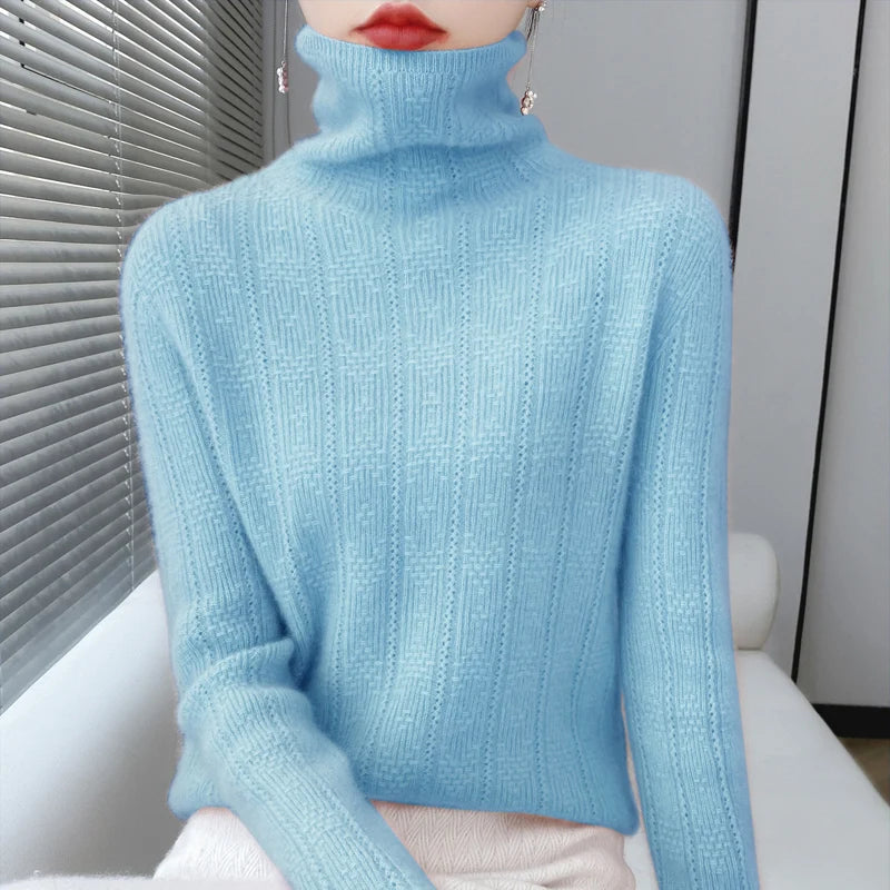 100% Wool Cashmere Sweater Women Turtleneck Long Sleeve Tops Knitted Pullovers Autumn Winter Casual Loose Clothing Warm Jumper