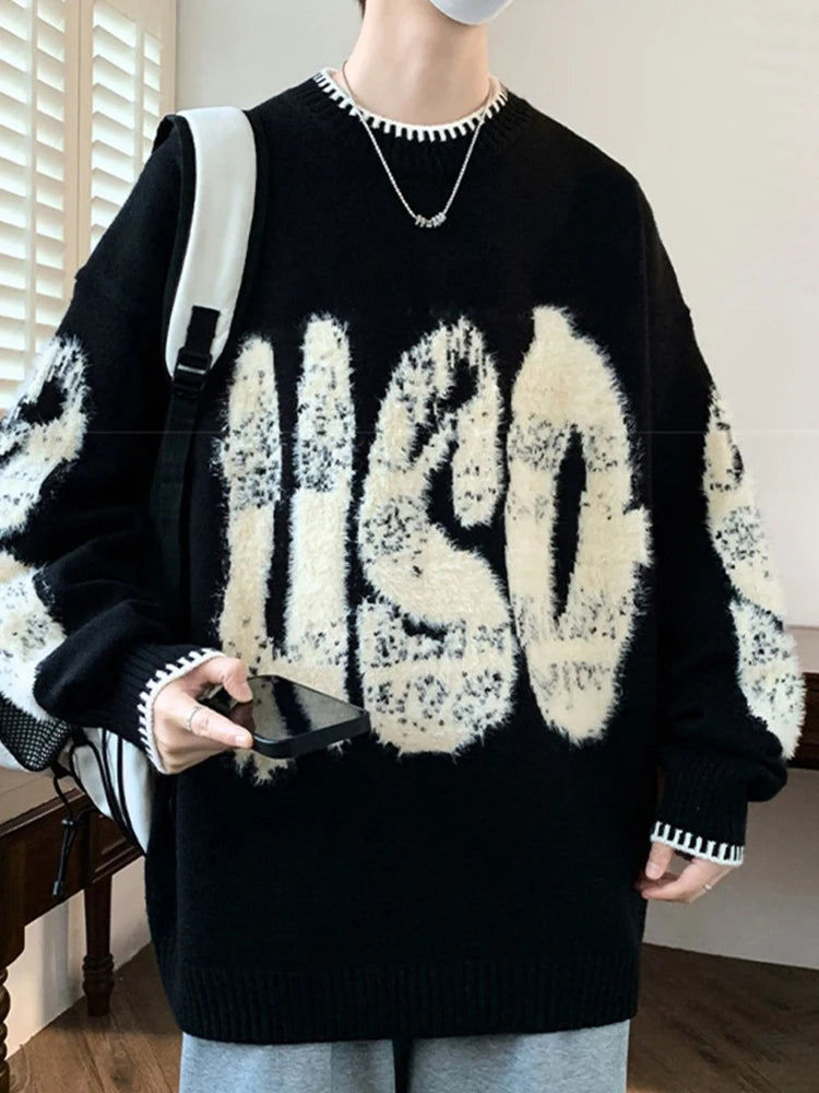 2025 New Letter Jacquard O-Neck Knitwear Men's American Fashion Retro Knitted Sweater Autumn Hip Hop Long Sleeve Y2K Pullovers