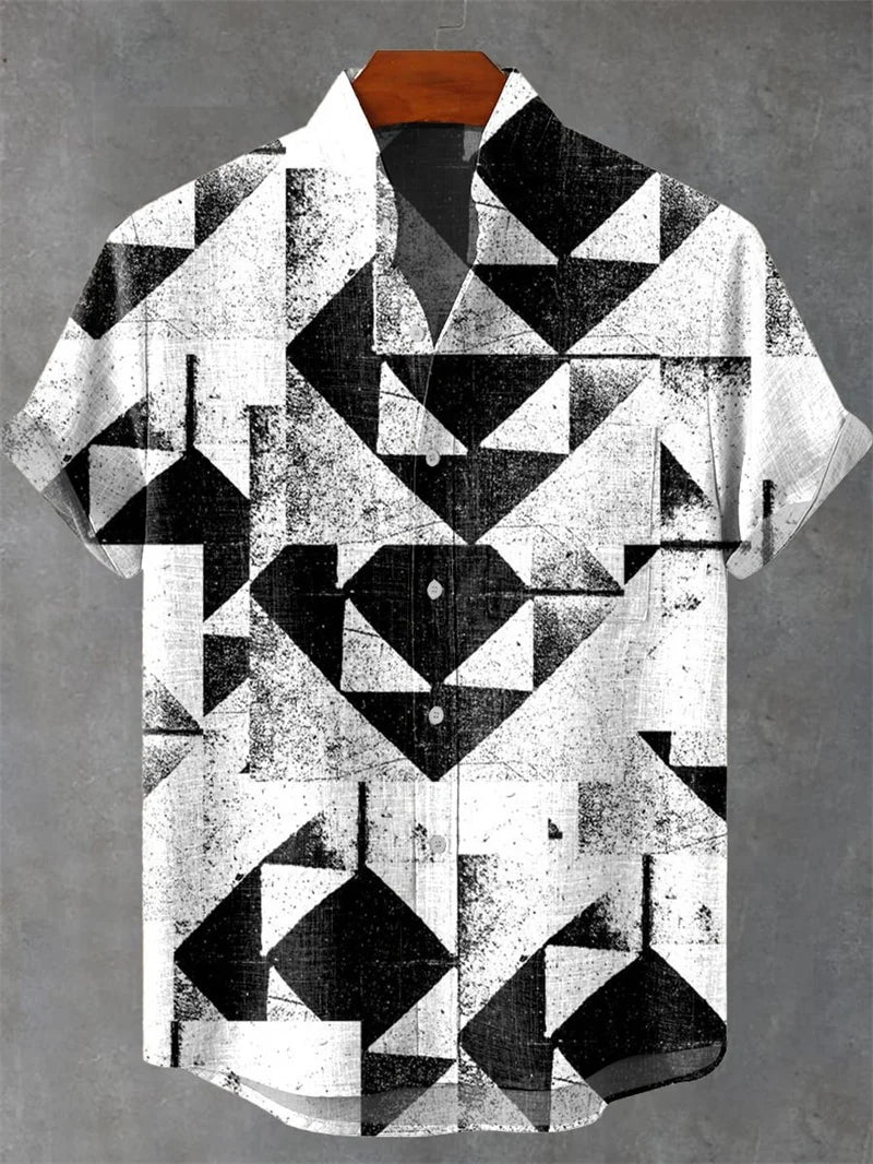 Men's New Short Sleeve Shirt 3D Geometric Pattern Printed Fashionable Casual Street And Outdoor Shirt Linen Shirt