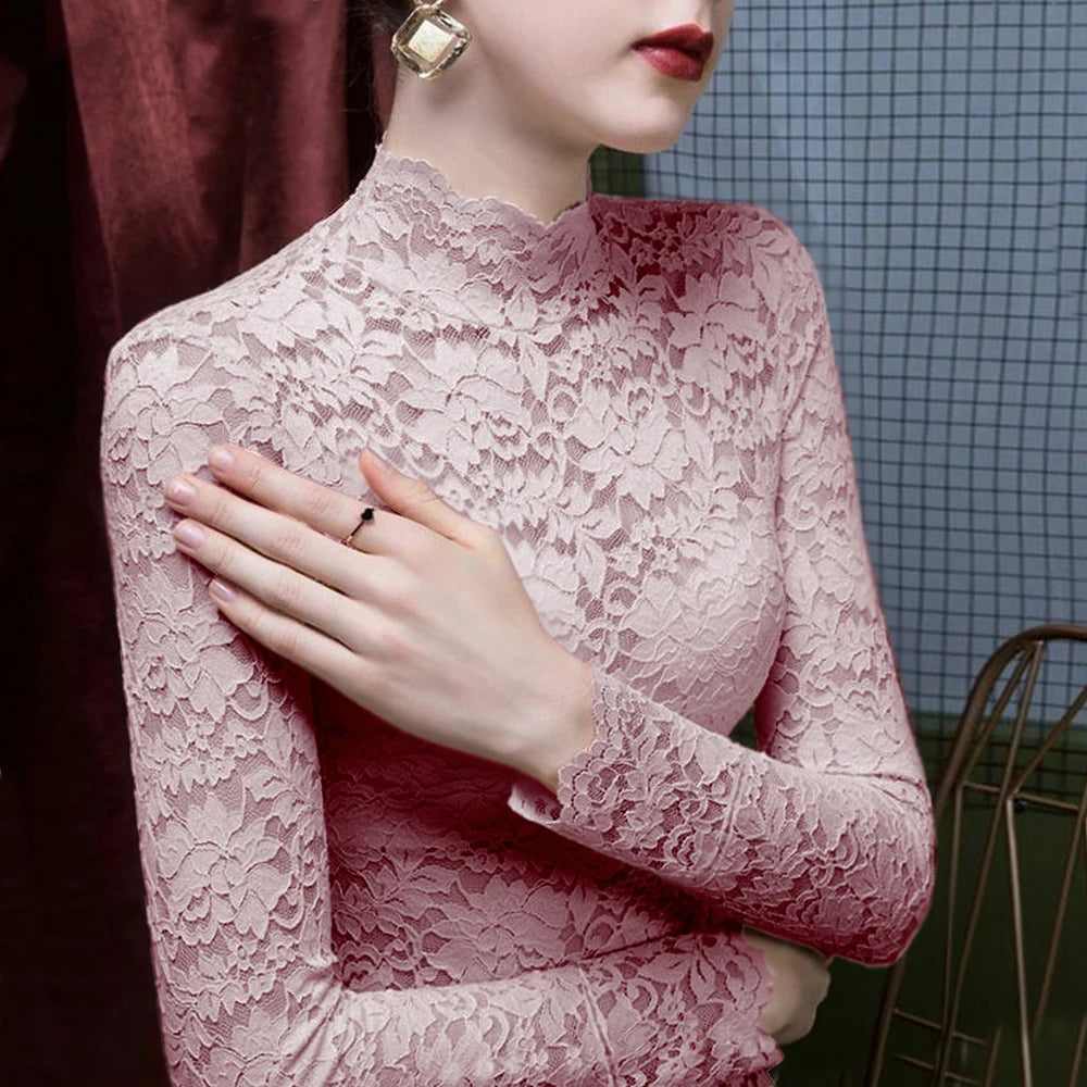 Stretch Flowers Lace T Shirt Women Turtleneck Petal Sleeve Shirts Girl S-3XL Pink Green Black Blusas Top Ladies Mujer De Moda