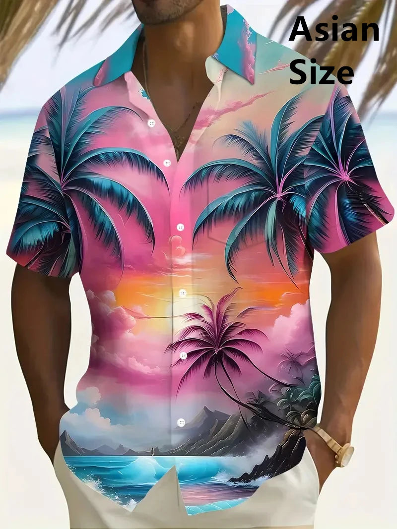 Tropical Coconut Tree Pattern Men's Short Sleeve Button Down Lapel Shirt For Summer Resort Holiday Hawaiian Style Oversized Tops