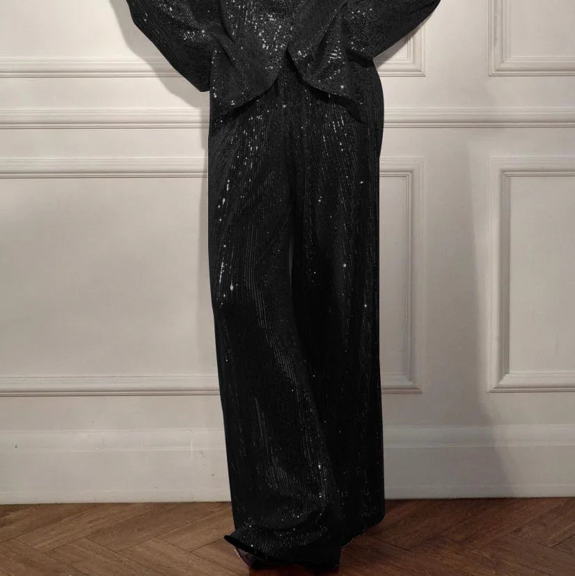 Casual Sequin Jackets Pants Set Women Golden Long Sleeve Lapel Button Wide Leg Pant Autumn Lady Suit Urban Street Loose Sets