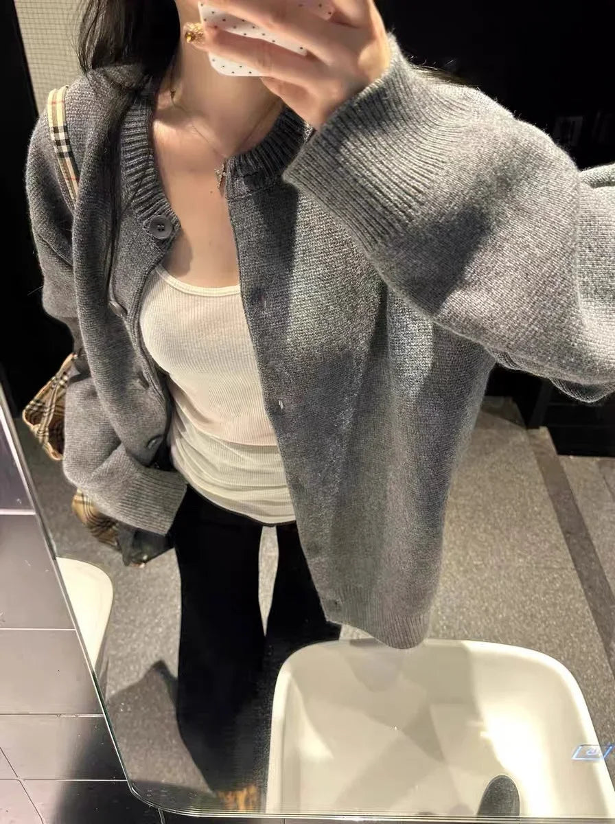 Round-neck 100 pure cashmere knitted cardigan women autumn and winter with a thick black sweater  a wool base coat