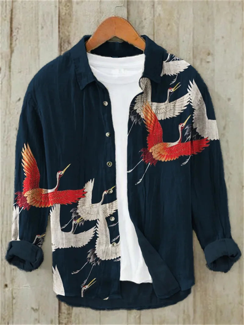 Linen Print Men's Long Sleeve Shirt Traditional Wave Pattern Art Hawaiian Shirt Men's Crane Shirt Design