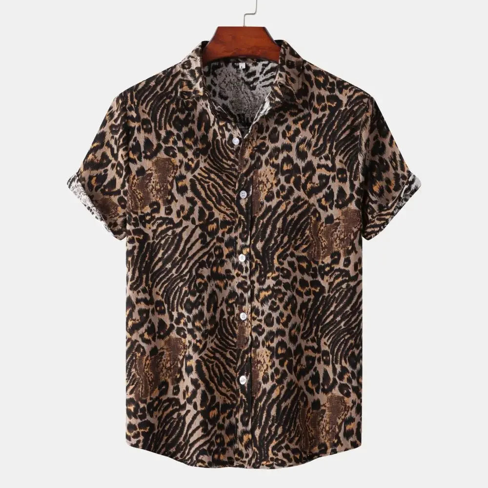 Fashion Leopard Men's Short Sleeve Shirt Oversize Loose Fit Stylish Shirt for Men Lapel Trend Casual Button Up Men's Clothing