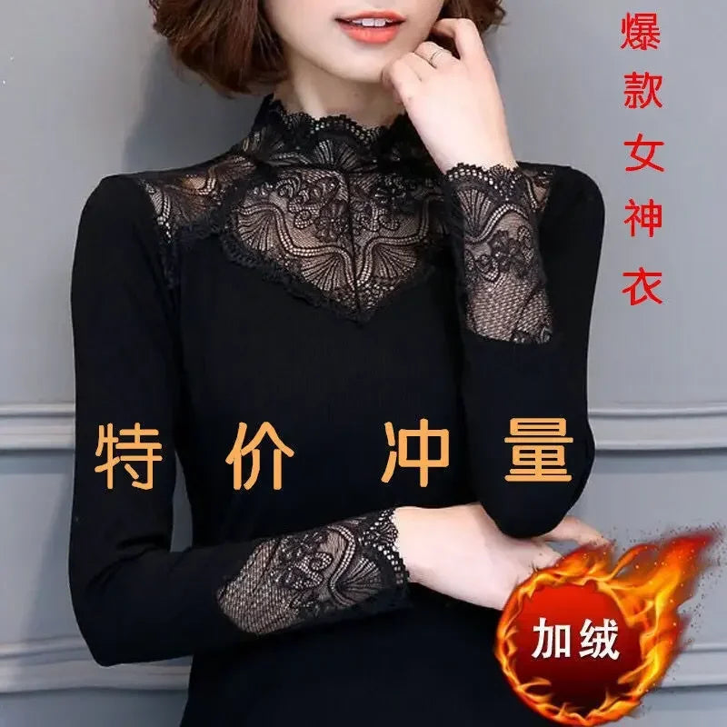 Woman Tshirts Autumn  Winter Lace  Women's Long Sleeve Turtleneck Stretch T-shirt Tops Mujer Camisetas