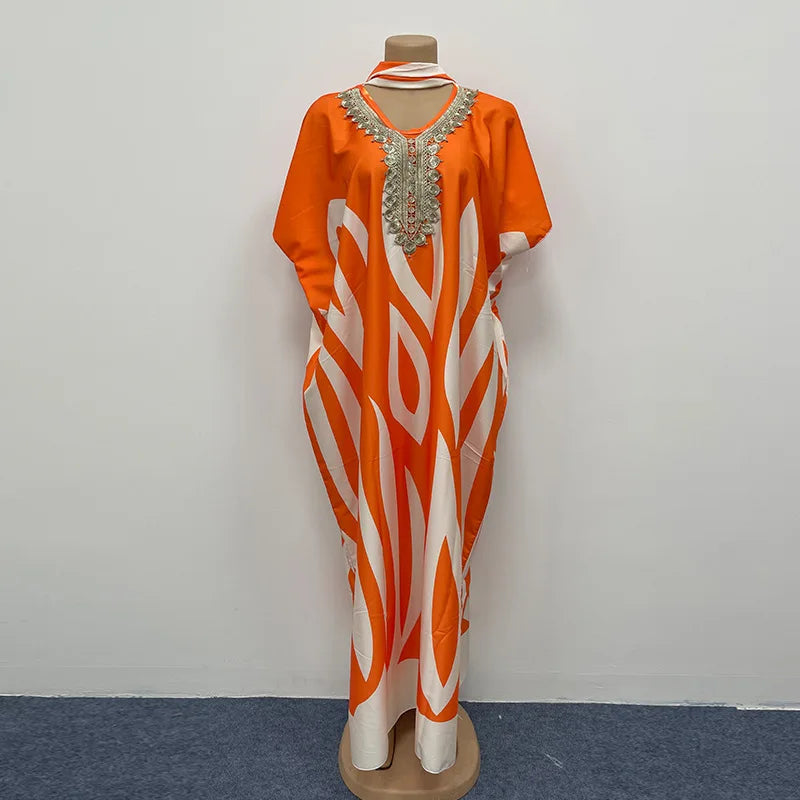 Plus Size African Women Clothing Rayon Kaftan Dress Casual Off Shoulder Robe with Rhinestone Fringe Long Sleeve Outfit