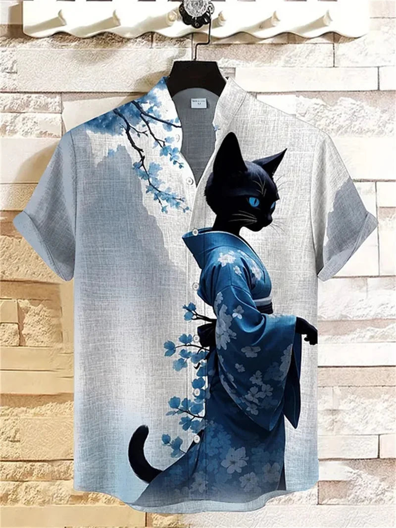New Men's Linen 3D Fish Print Short Sleeved Shirt Popular Retro Casual Short Sleeved Shirt Clothing Top Shirt
