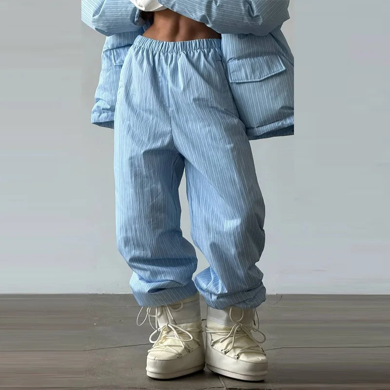 Casual Striped Women's Cotton Coat Trouser Suits Hooded Zippers Thicken Lady Set 2026 Autumn Winter Chic Female Outfits
