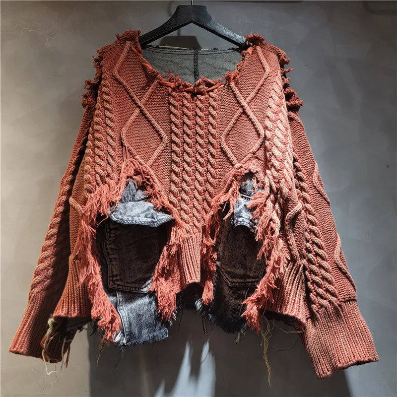 2025 Autumn New Denim Patchwork Knitted Pullover Sweater for Women, Loose Slimming Washed Vintage Top Trendy